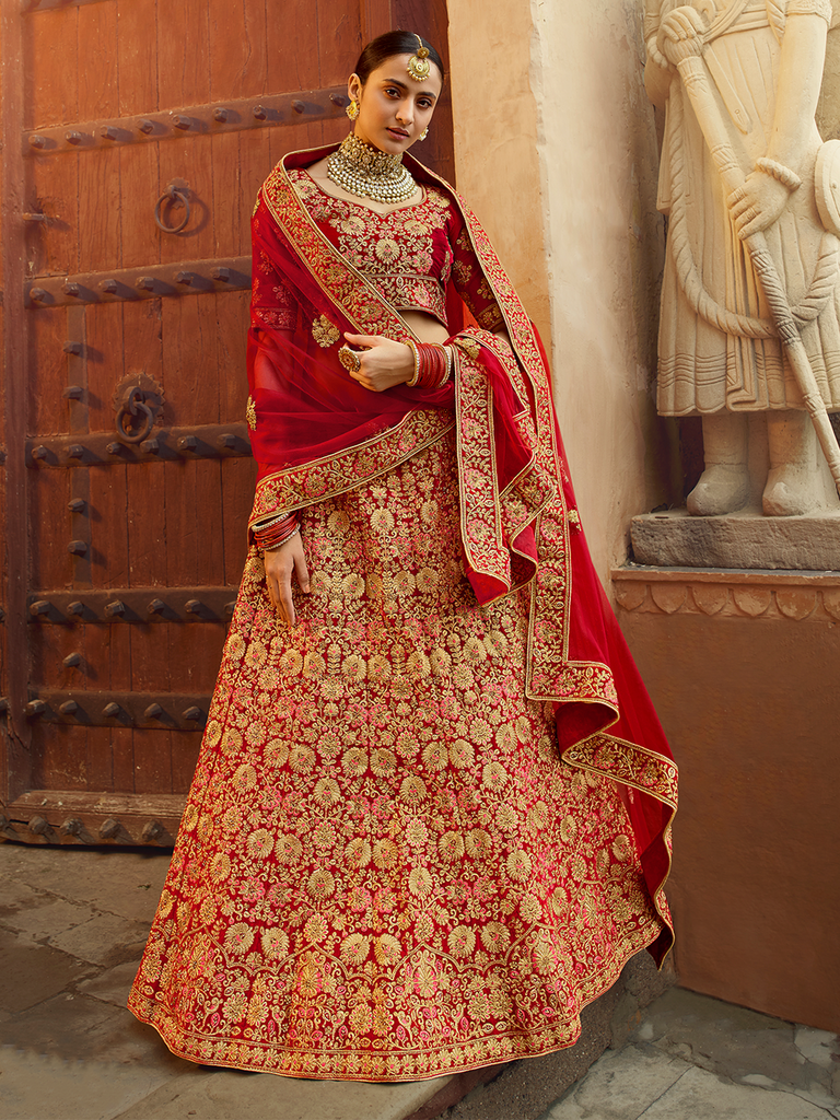 Red Embroidered Velvet Semi Stitched Lehenga With Unstitched Blouse Clothsvilla