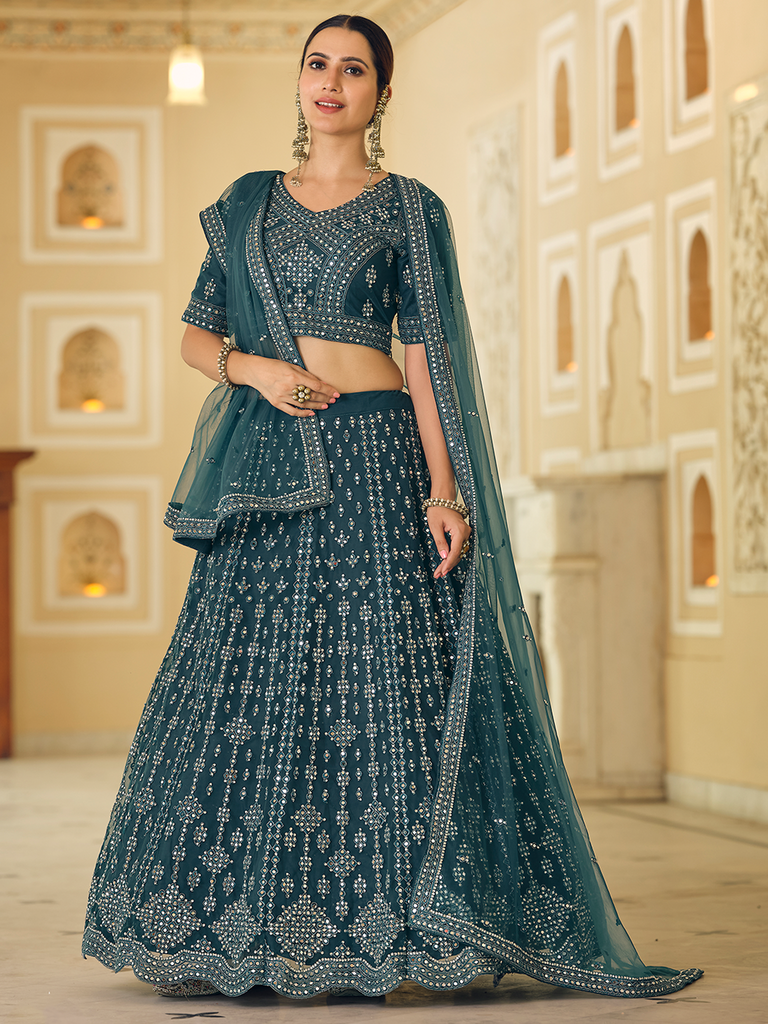 Teal Embroidered Soft Net Semi Stitched Lehenga With Unstitched Blouse Clothsvilla