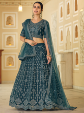 Load image into Gallery viewer, Teal Embroidered Soft Net Semi Stitched Lehenga With Unstitched Blouse Clothsvilla