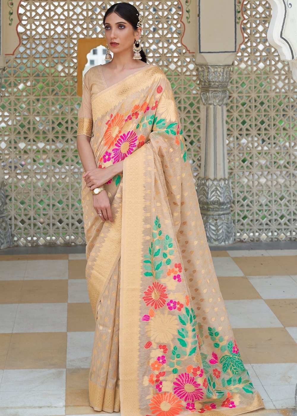 Beige Brown Floral Embroidered Linen Silk Saree Clothsvilla Main image