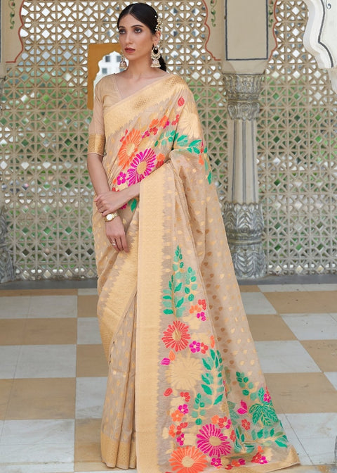 Beige Brown Floral Embroidered Linen Silk Saree Clothsvilla Main image