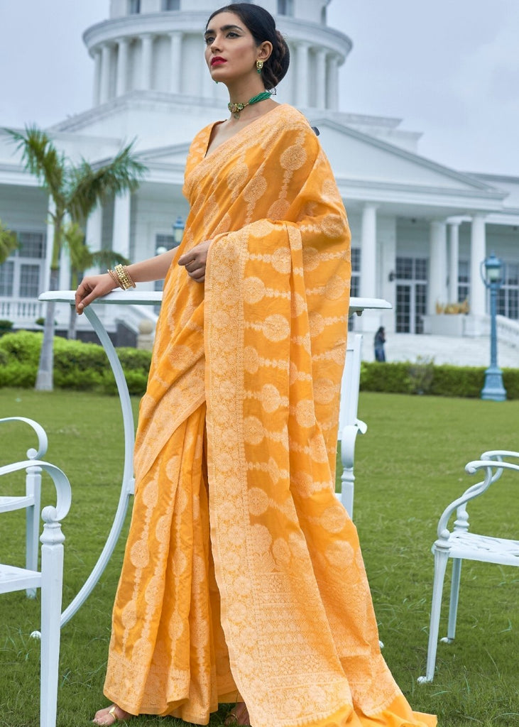 Amber Yellow Lucknowi Chikankari Weaving Silk Saree Clothsvilla