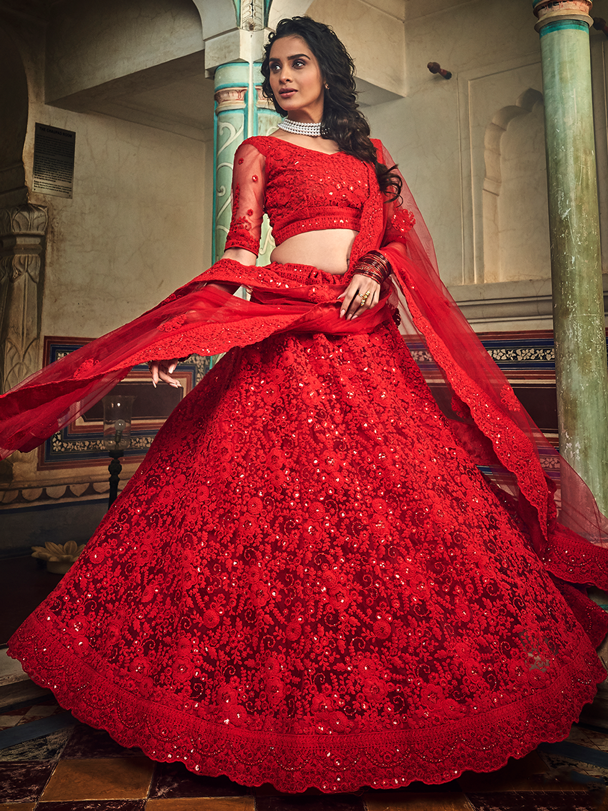 Red Embroidered Soft Net Semi Stitched Lehenga With Unstitched Blouse Clothsvilla Main image
