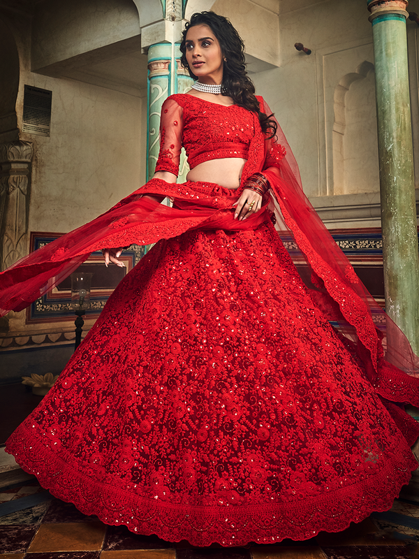 Red Embroidered Soft Net Semi Stitched Lehenga With Unstitched Blouse Clothsvilla