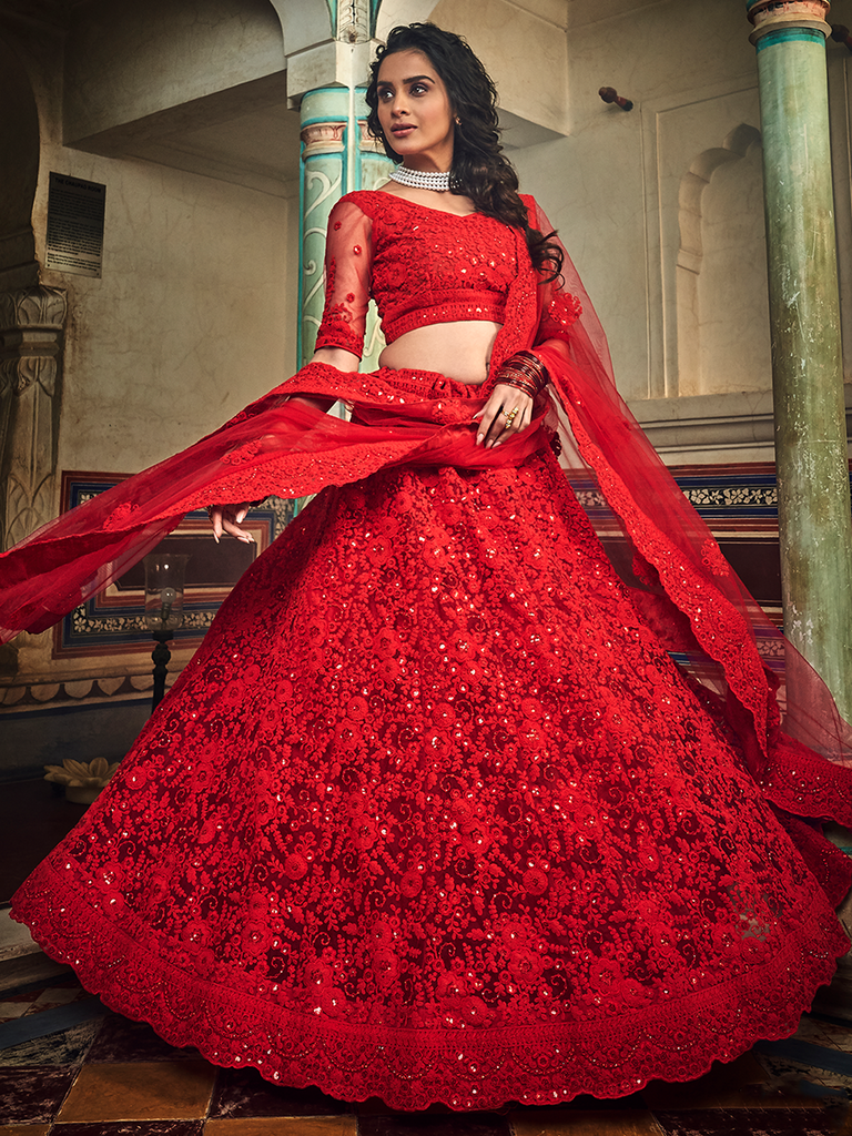 Red Embroidered Soft Net Semi Stitched Lehenga With Unstitched Blouse Clothsvilla