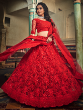 Load image into Gallery viewer, Red Embroidered Soft Net Semi Stitched Lehenga With Unstitched Blouse Clothsvilla