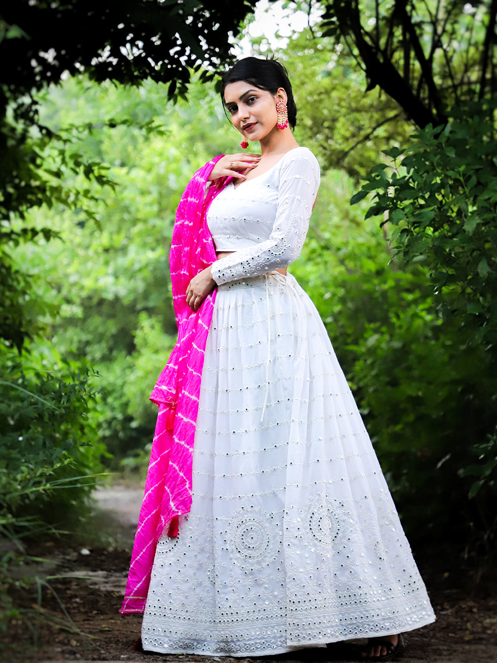 White Color Georgette Lucknowi Work Latest Lehenga Choli With Bandhej Dupatta Clothsvilla