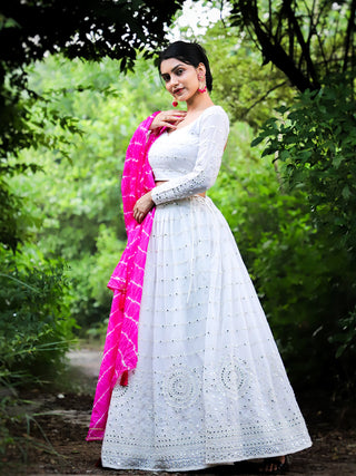 White Color Georgette Lucknowi Work Latest Lehenga Choli With Bandhej Dupatta Clothsvilla