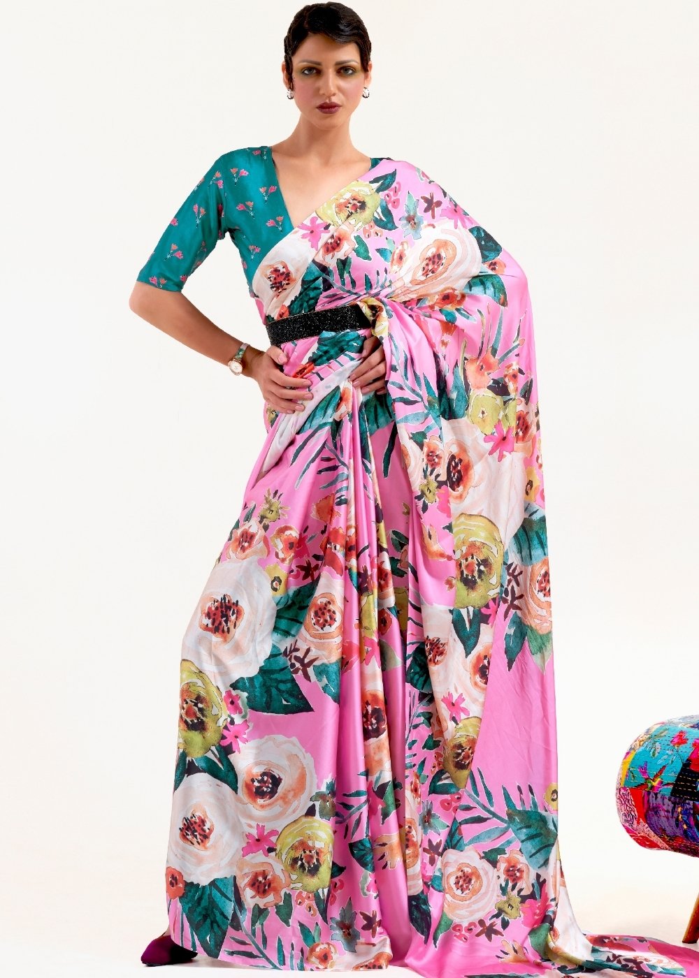Creamy Pink Digital Printed Satin Crepe Saree Clothsvilla