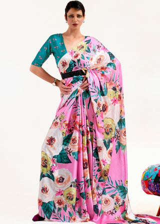 Creamy Pink Digital Printed Satin Crepe Saree Clothsvilla