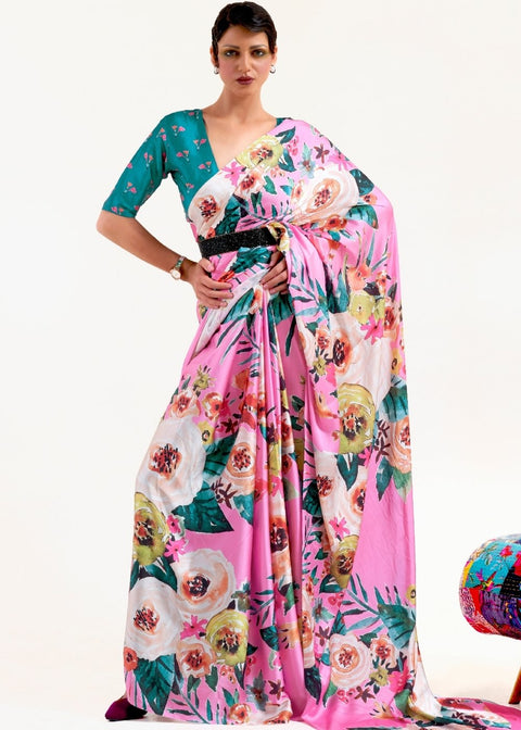 Creamy Pink Digital Printed Satin Crepe Saree Clothsvilla Main image