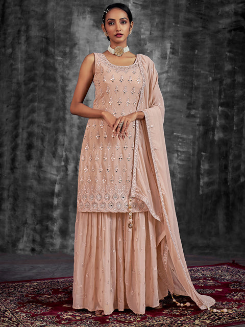 Classic Embroidered Peach Georgette Stitched Kurta Set Clothsvilla Main image