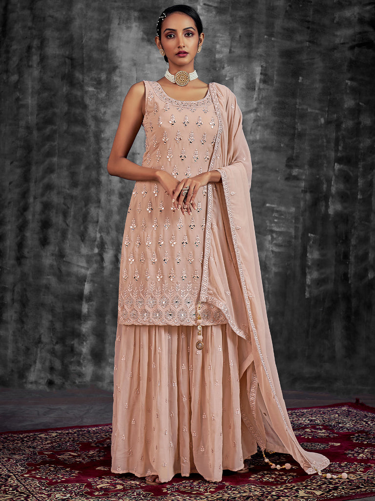 Classic Embroidered Peach Georgette Stitched Kurta Set Clothsvilla