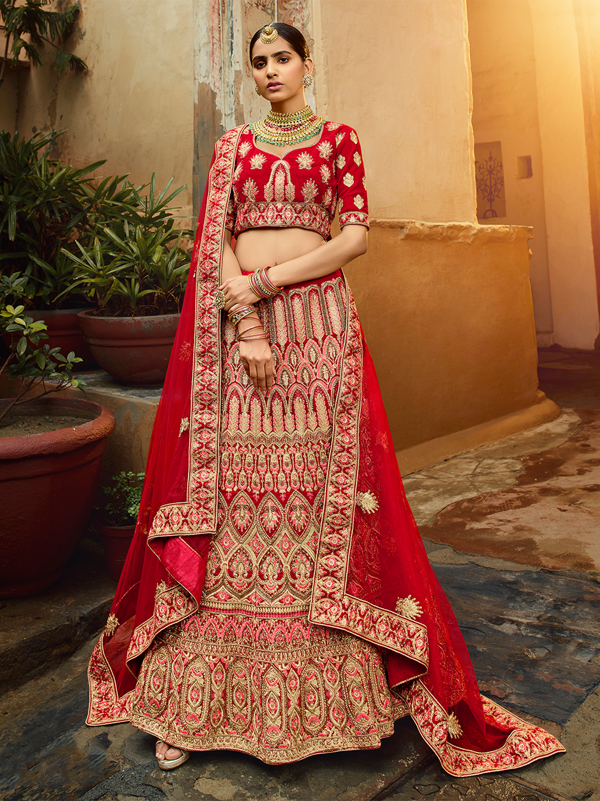 Red Embroidered Velvet Semi Stitched Lehenga With Unstitched Blouse Clothsvilla