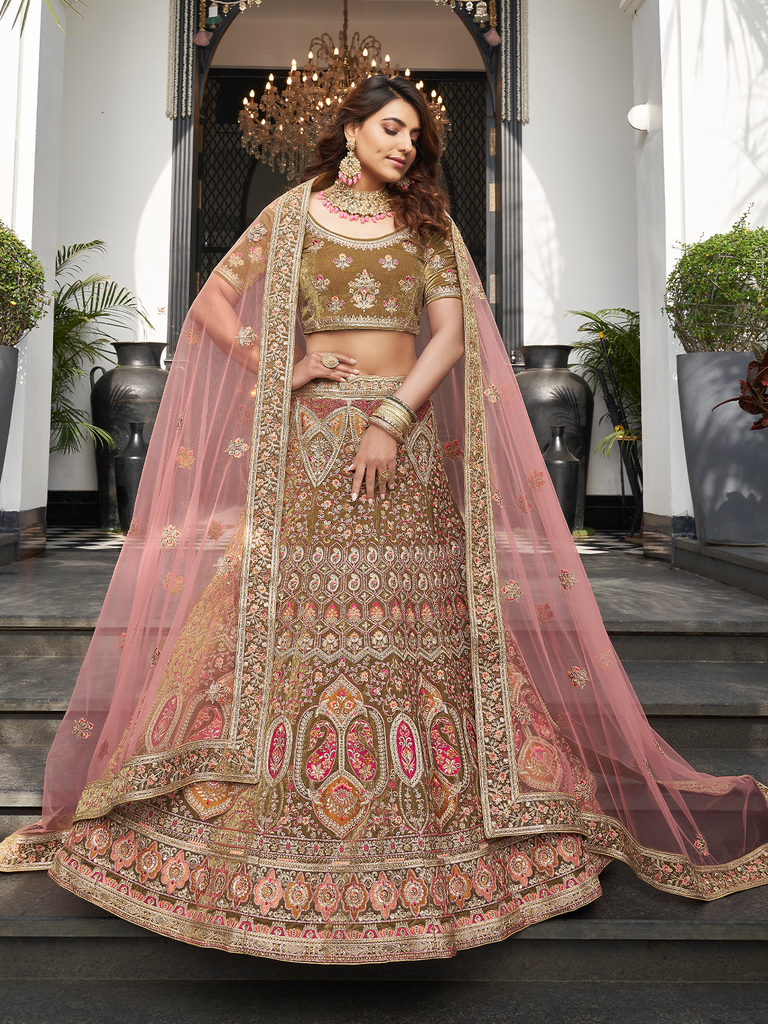 Olive Green Velvet Semi Stitched Lehenga With Unstitched Blouse Clothsvilla