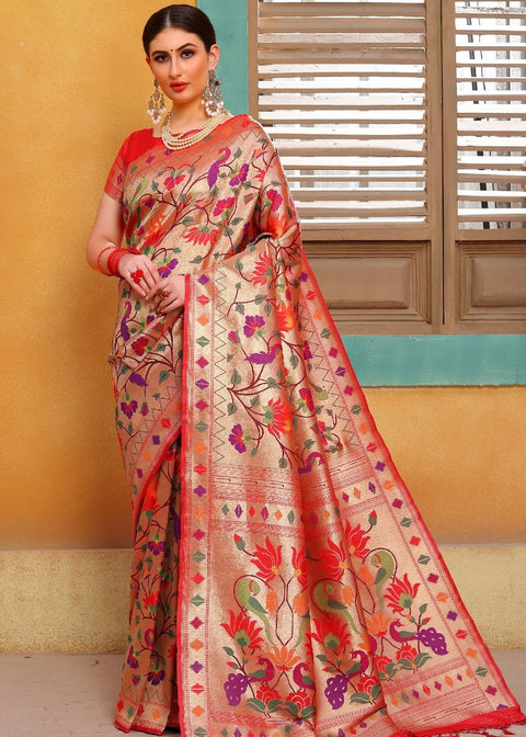 Cherry Red and Golden Blend  Paithani Silk Saree Clothsvilla Main image