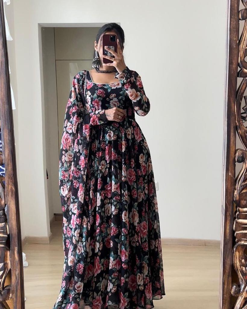 Floral Printed Black Color Designer Gown Clothsvilla