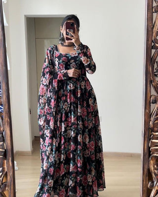 Floral Printed Black Color Designer Gown Clothsvilla