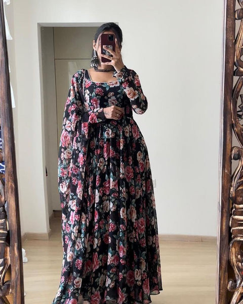 Floral Printed Black Color Designer Gown Clothsvilla Main image