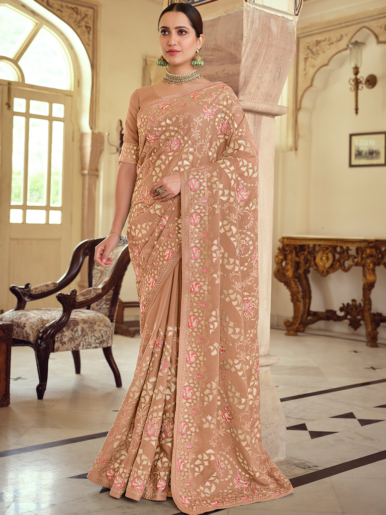 Brown Satin Georgette Saree With Unstitched Blouse Clothsvilla