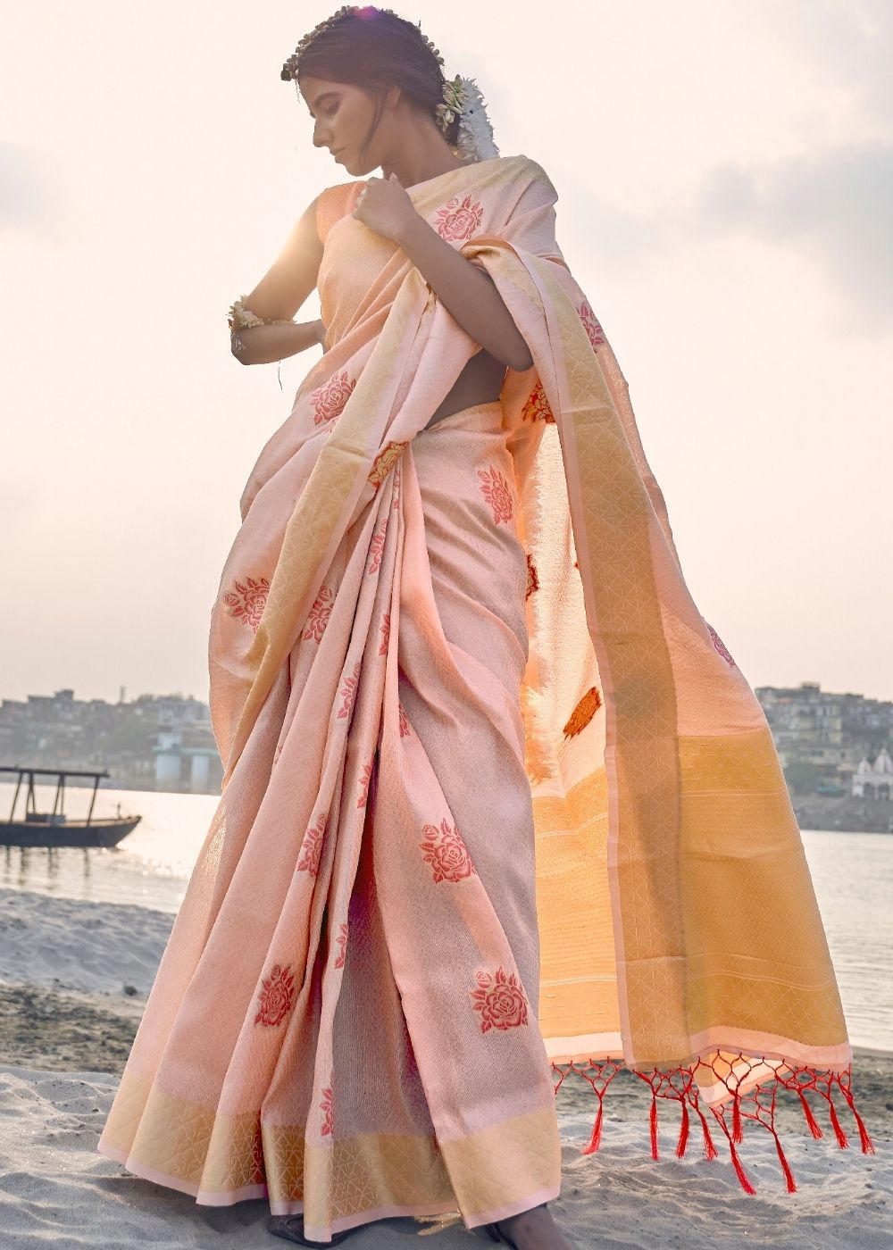 Salmon Pink Linen Silk Saree with Zari Woven Butti overall Clothsvilla Main image