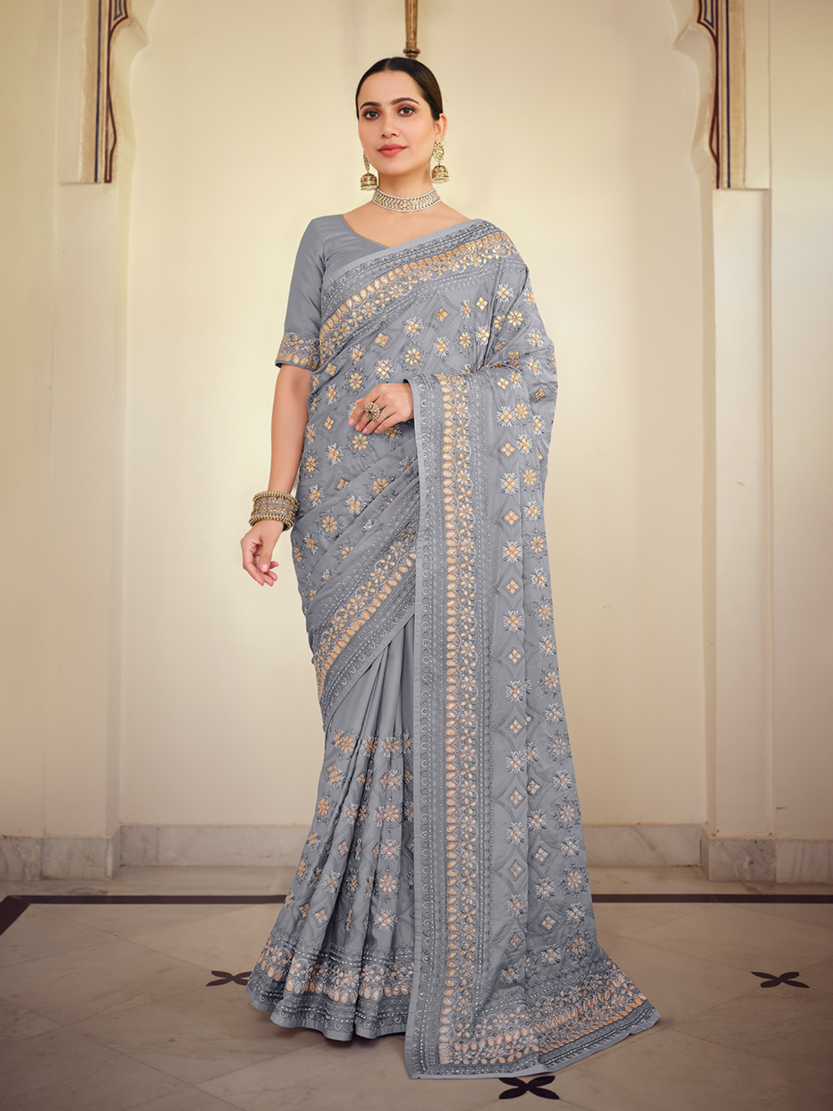 Grey Satin Georgette Saree With Unstitched Blouse Clothsvilla Main image