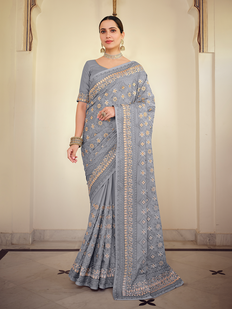 Grey Satin Georgette Saree With Unstitched Blouse Clothsvilla