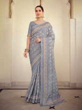 Load image into Gallery viewer, Grey Satin Georgette Saree With Unstitched Blouse Clothsvilla