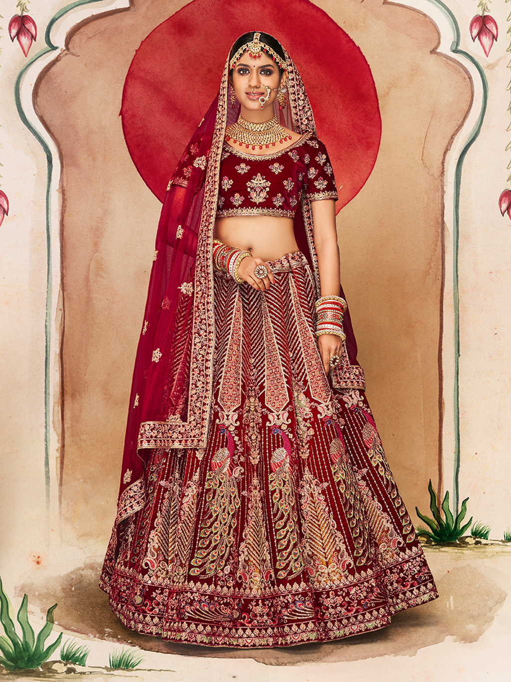 Maroon Velvet Semi Stitched Lehenga With Unstitched Blouse Clothsvilla