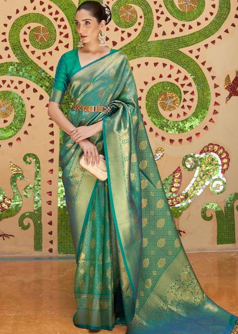 Persian Green Zari Woven Kanjivaram Silk Saree Clothsvilla Main image