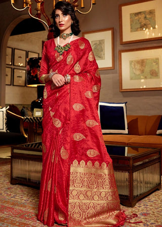 Cherry Red Pure Satin Woven Silk Saree with overall Golden Buti Clothsvilla