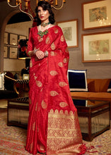 Load image into Gallery viewer, Cherry Red Pure Satin Woven Silk Saree with overall Golden Buti Clothsvilla