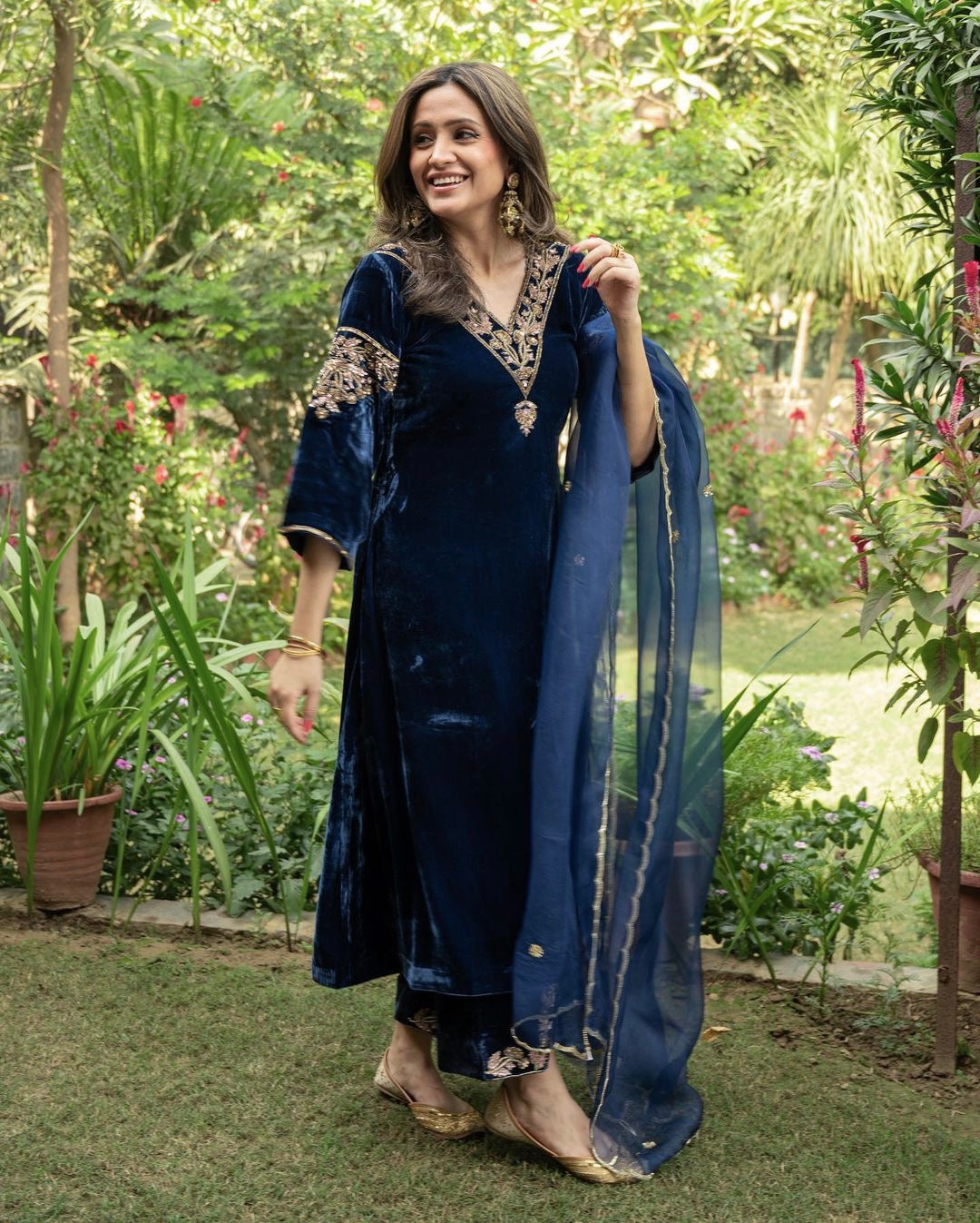 Charming Blue Color Embroidery Sequence Velvet Palazzo Suit Clothsvilla