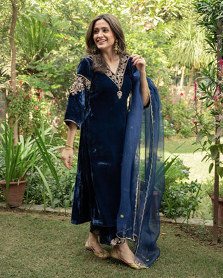 Charming Blue Color Embroidery Sequence Velvet Palazzo Suit Clothsvilla
