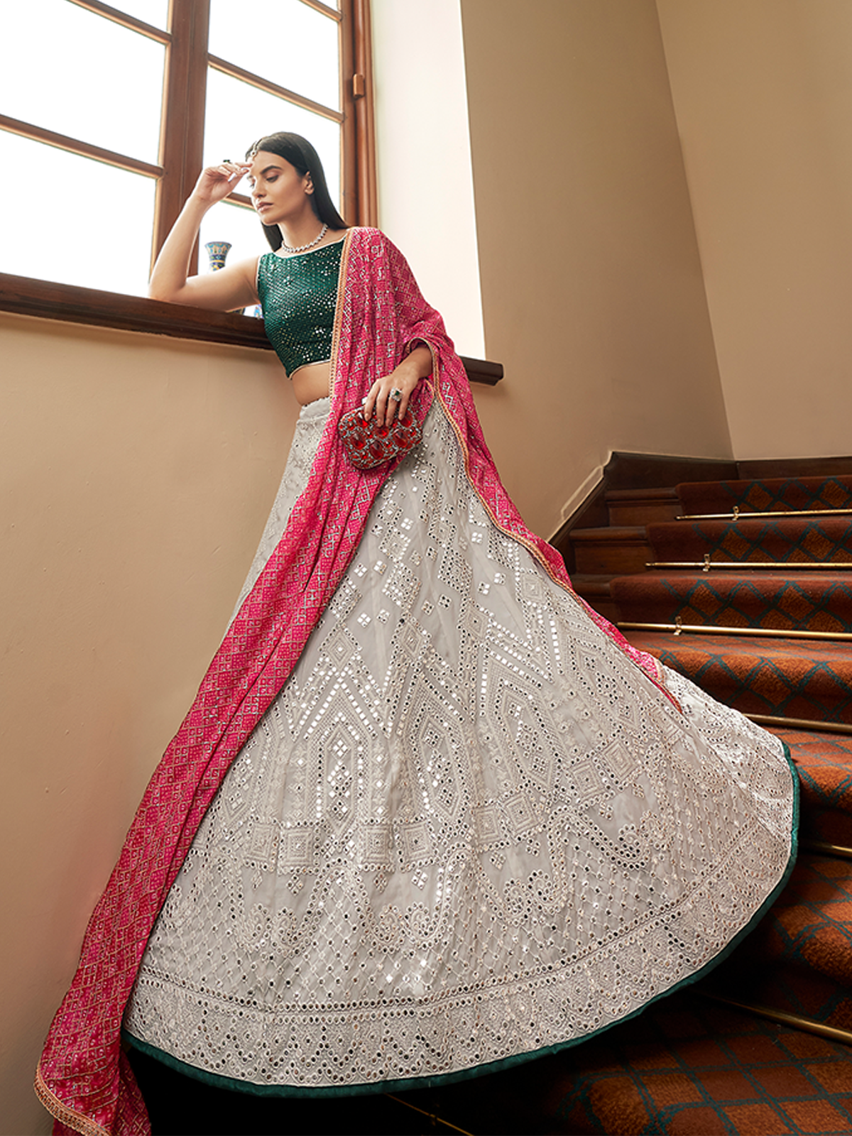 White Georgette Semi Stitched Lehenga With Unstitched Blouse Secondary image
