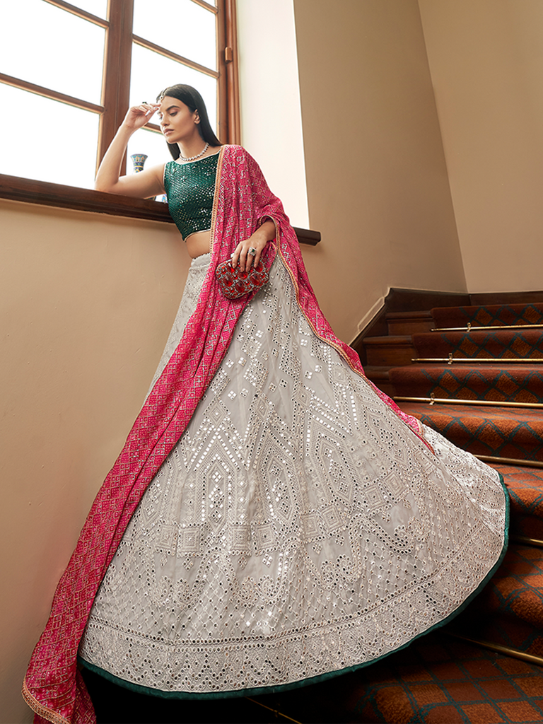 White Georgette Semi Stitched Lehenga With Unstitched Blouse Clothsvilla