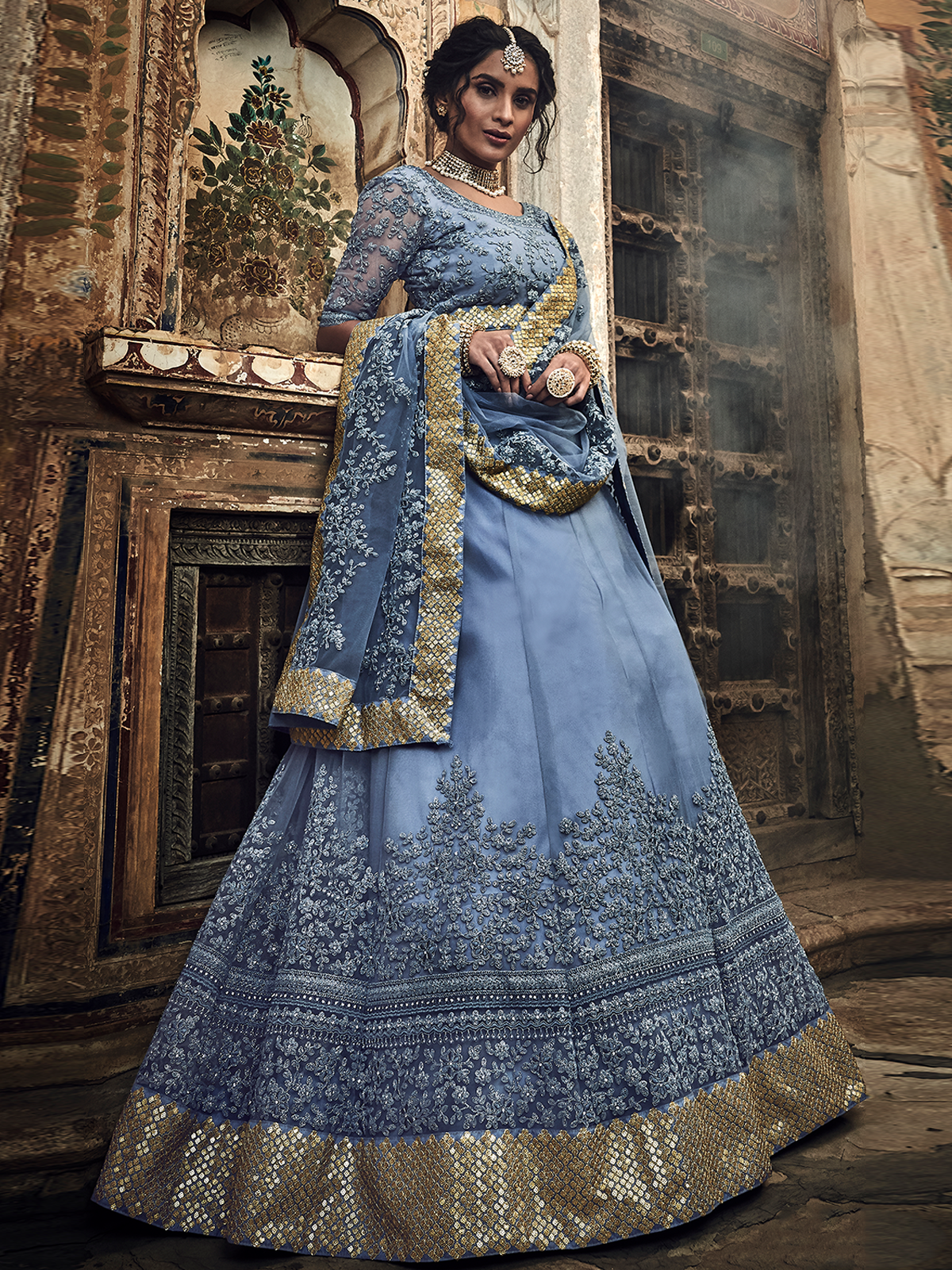 Grey Embroidered Soft Net Semi Stitched Lehenga With Unstitched Blouse Clothsvilla Main image