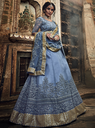 Grey Embroidered Soft Net Semi Stitched Lehenga With Unstitched Blouse Clothsvilla