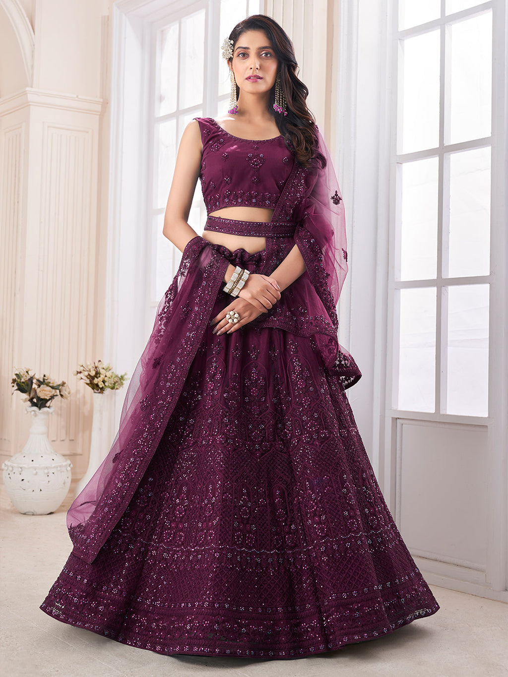 Purple Soft Net Embroidered Semi Stitched Lehenga Choli Clothsvilla