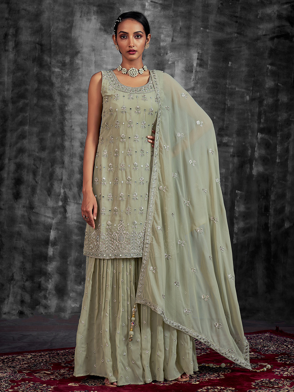 Green Embroidered Partywear Stitched Kurta Set Clothsvilla Main image