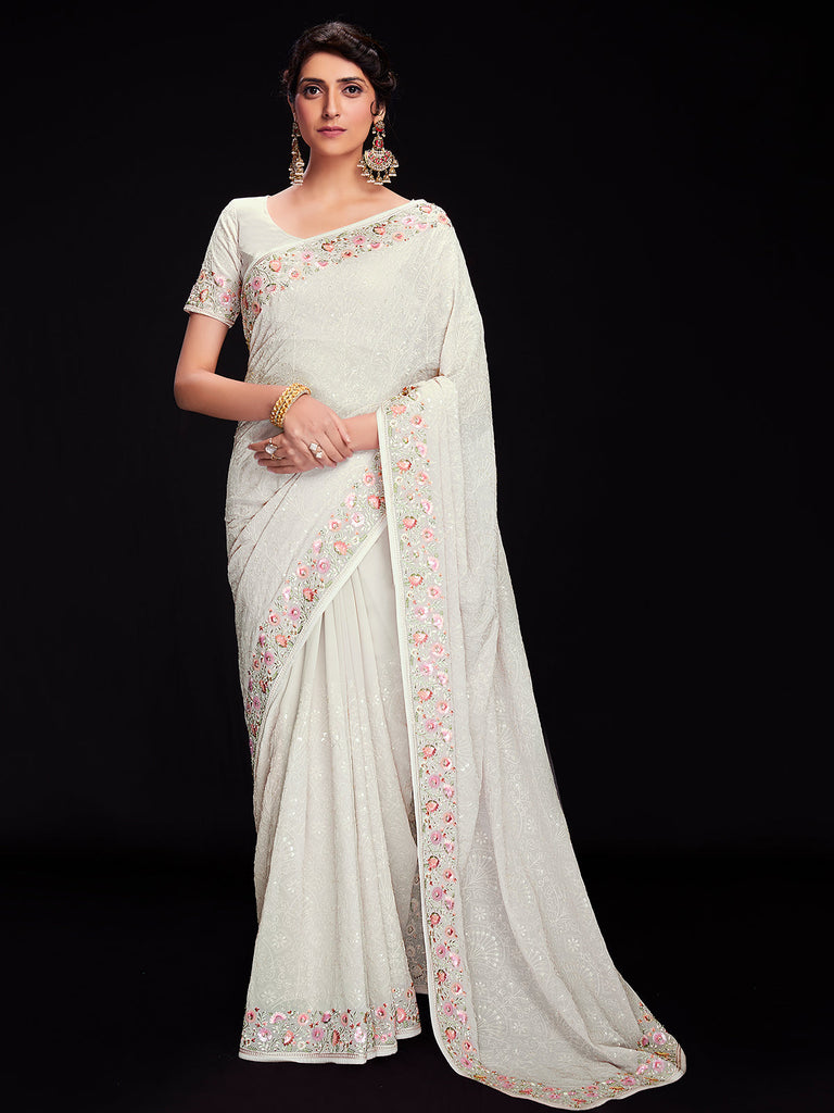 White Georgette Embroidered Saree With Unstitched Blouse Clothsvilla