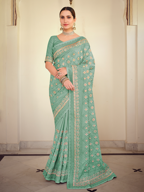 Sea Green Satin Georgette Saree With Unstitched Blouse Clothsvilla Main image