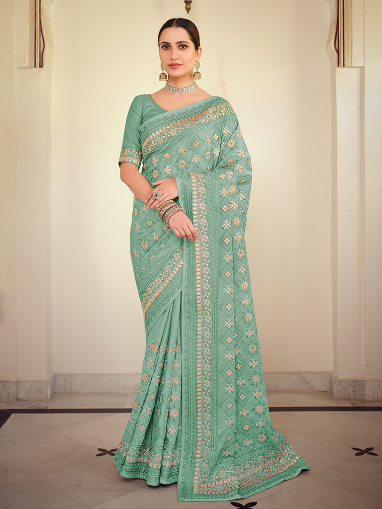 Sea Green Satin Georgette Saree With Unstitched Blouse Clothsvilla