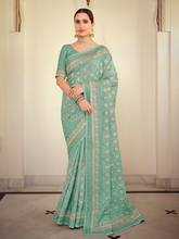 Load image into Gallery viewer, Sea Green Satin Georgette Saree With Unstitched Blouse Clothsvilla