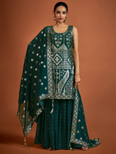 Teal Embroidered Georgette Partywear Stitched Kurta Set Clothsvilla Main image