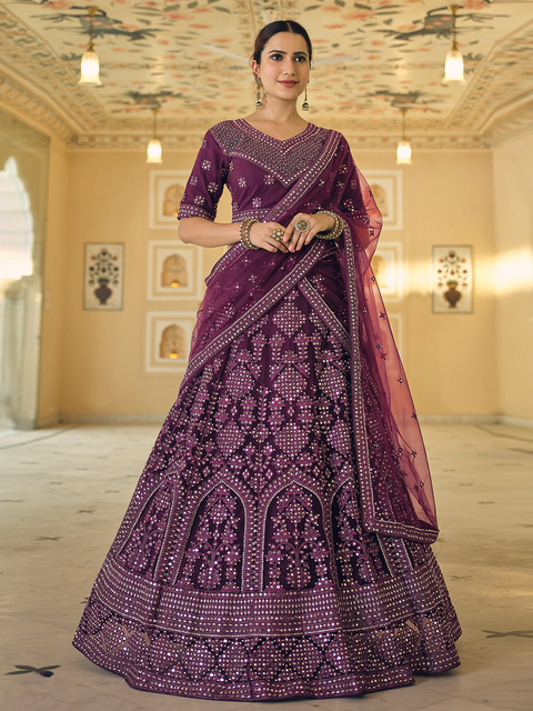 Purple Soft Net Semi Stitched Lehenga With Unstitched Blouse Clothsvilla Main image