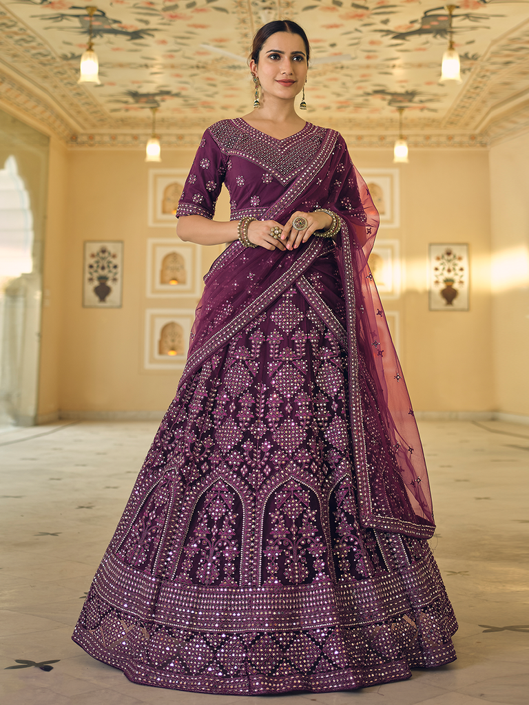 Purple Soft Net Semi Stitched Lehenga With Unstitched Blouse Clothsvilla