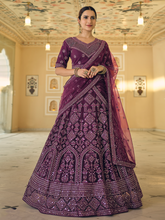 Load image into Gallery viewer, Purple Soft Net Semi Stitched Lehenga With Unstitched Blouse Clothsvilla