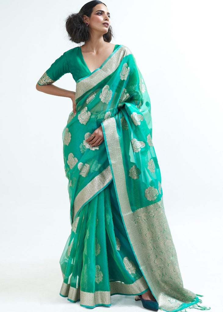 Jade Green Designer Woven Organza Silk Saree Clothsvilla