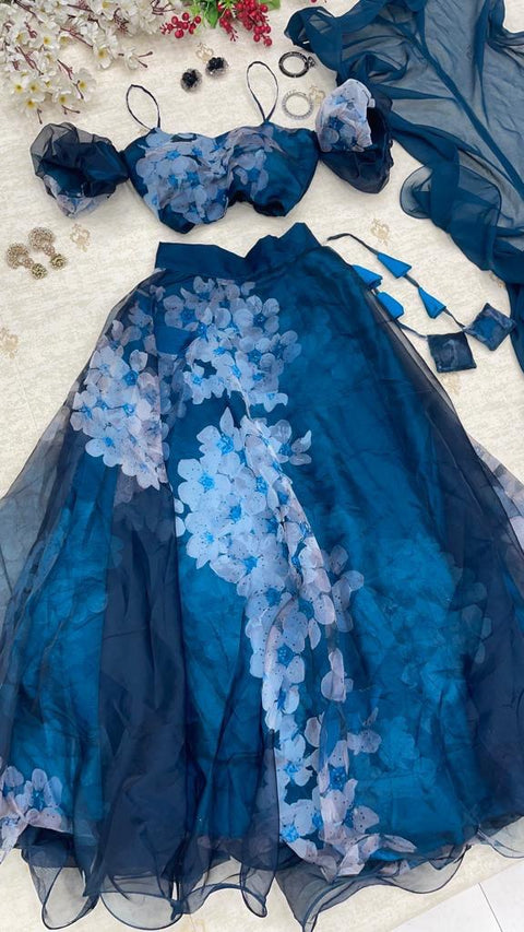Navy Blue Color Floral Printed Organza Lehenga Choli Main image